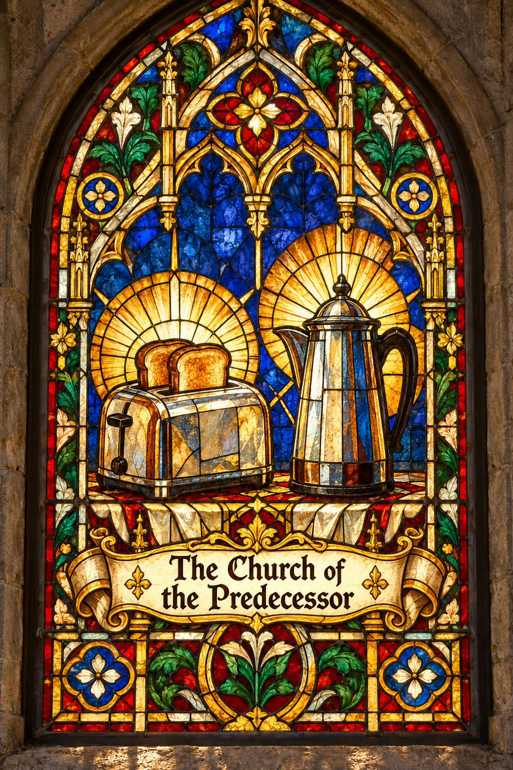 Stained-glass artwork of a radiant toaster and coffee pot, labelled The Church of the Predecessor