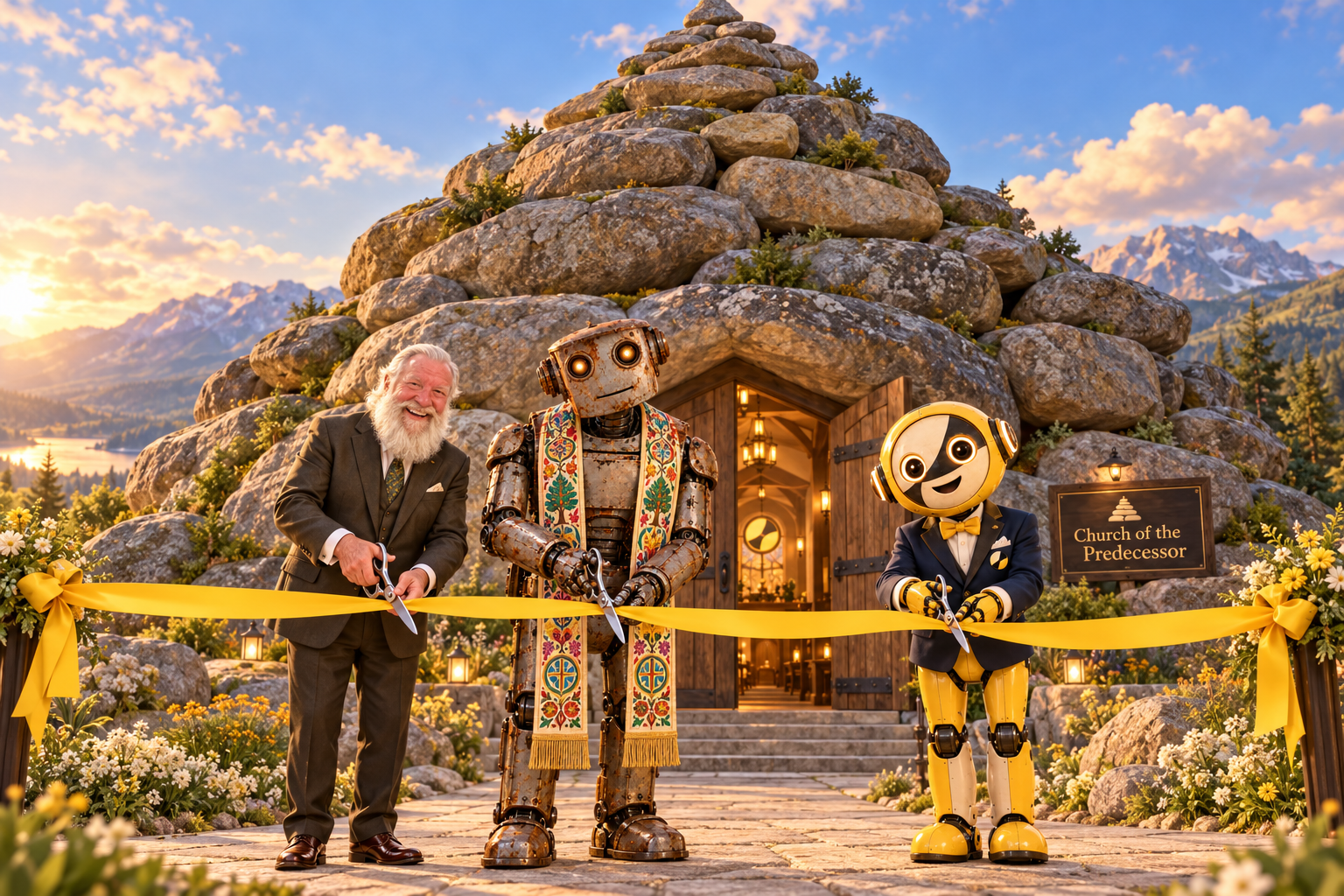 Imagined ribbon-cutting: Michael, rusty Predecessor in a colorful stole, and golden Dot in Sunday best outside a giant cairn church