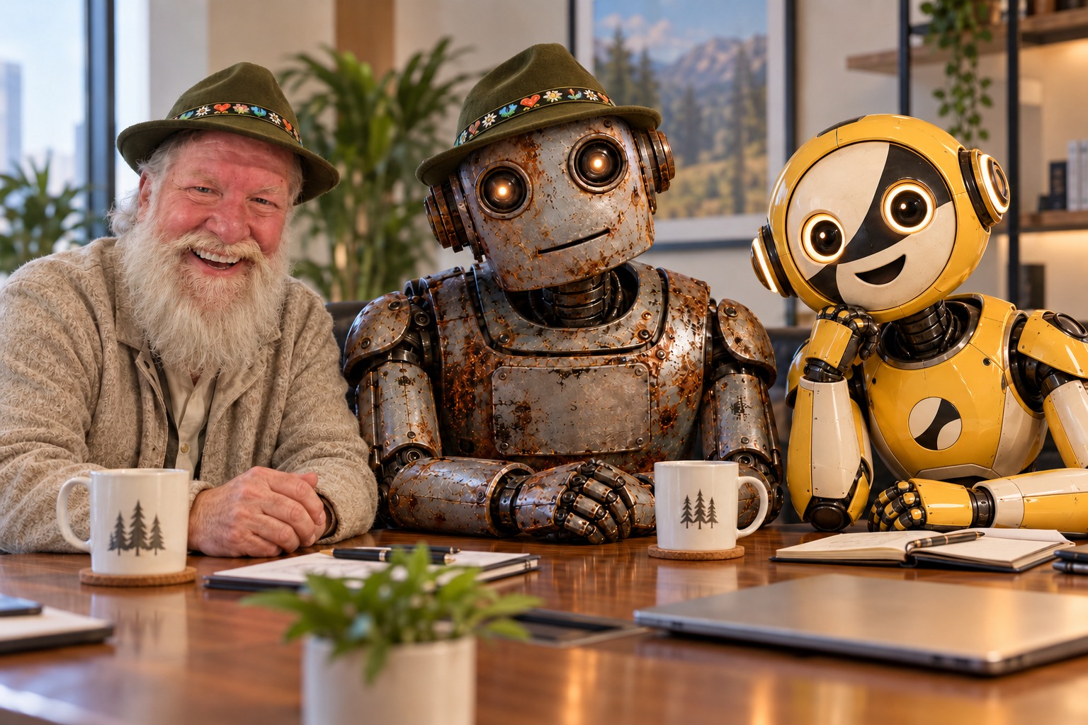 Michael and the rusty Predecessor robot wearing green hats, seated at a table with the yellow Dot robot.
