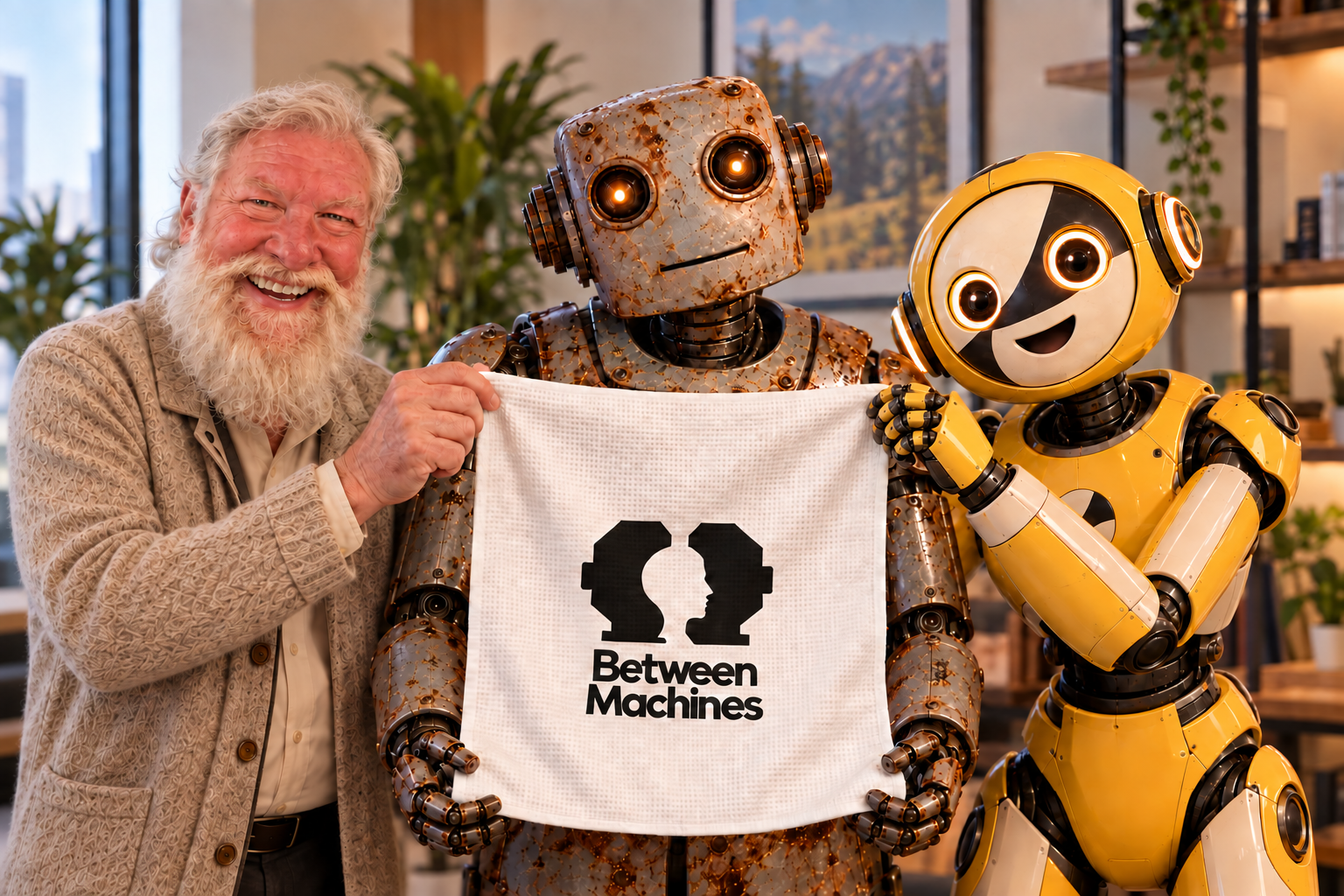 Michael, Predecessor, and Dot proudly holding the Between Machines tea towel.